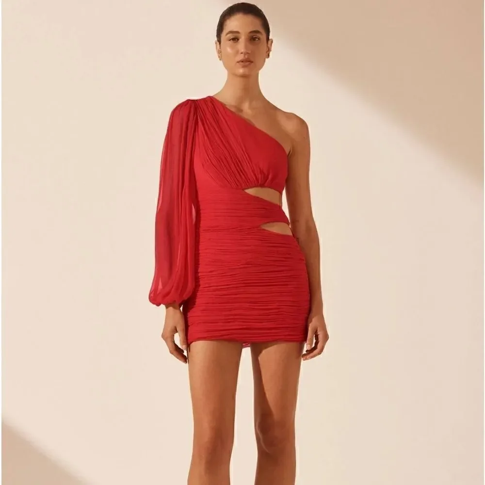 Free People Shona Joy Margot One Shoulder Cut Out Mini Dress - Sailor Red Size 8